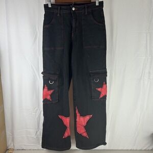 Hot Topic Jeans Womens Med 29x31 Black High Rise Wide Leg Cargo Star Punk Denim